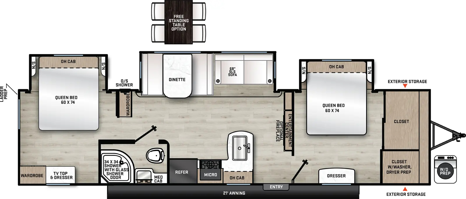 The Aurora 340BHTS (2 Queen Beds) floorplan has one entry and three slide outs. Exterior features include: metal exterior and 21' awning. Interiors features include: front bedroom, rear bedroom and two bedrooms.